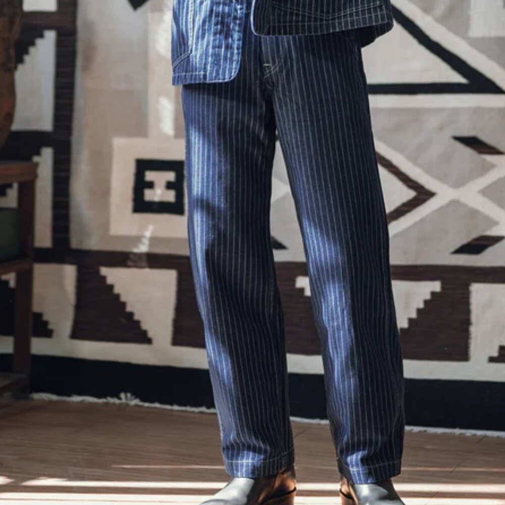 45R 45RPM WIDE LEG CROP PAINTER PANTS JAPANESE DENIM UNISEX RAILROAD STRIPE sz 2